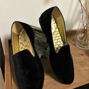 Birdies Black Velvet Loafers with Golden Lining